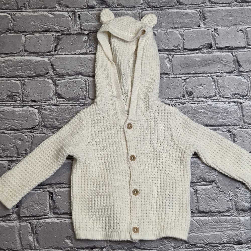 Carter's Baby White Knit Hooded Cardigan Sweater with Bear Ears 3 Months